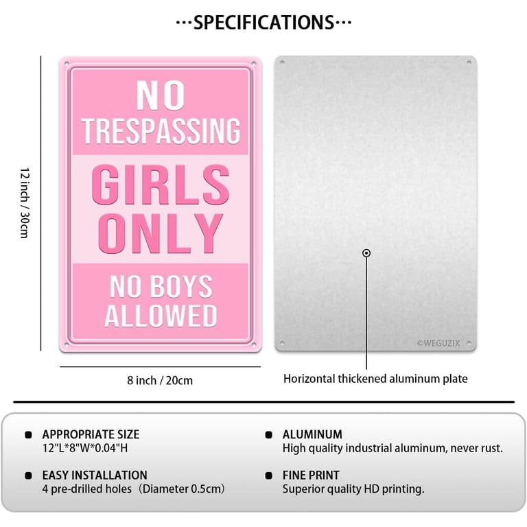 Cartello Porta 'No Trespassing Girls Only' - Solo Per Ragazze, No Boys Allowed, Decorazione Rosa In Alluminio 20x30 Cm