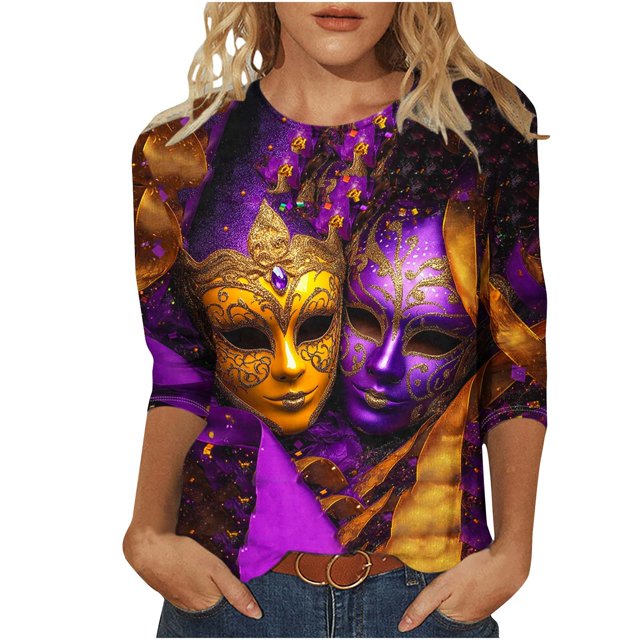 Penkiiy Blouse Carnaval Manches 3/4 Chemise de Printemps Tee Quotidien Imprimé Masque Blouse Mardi Gras Col Rond 2024 Tee Tunique Habillée L Multicolore