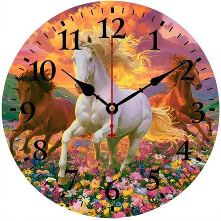 CozyHour Horse Wall Clock 9.84 Inch, Running Horses Floral Meadow Decorative Analog Clock, Western Decor for Living Room Bedroom Office