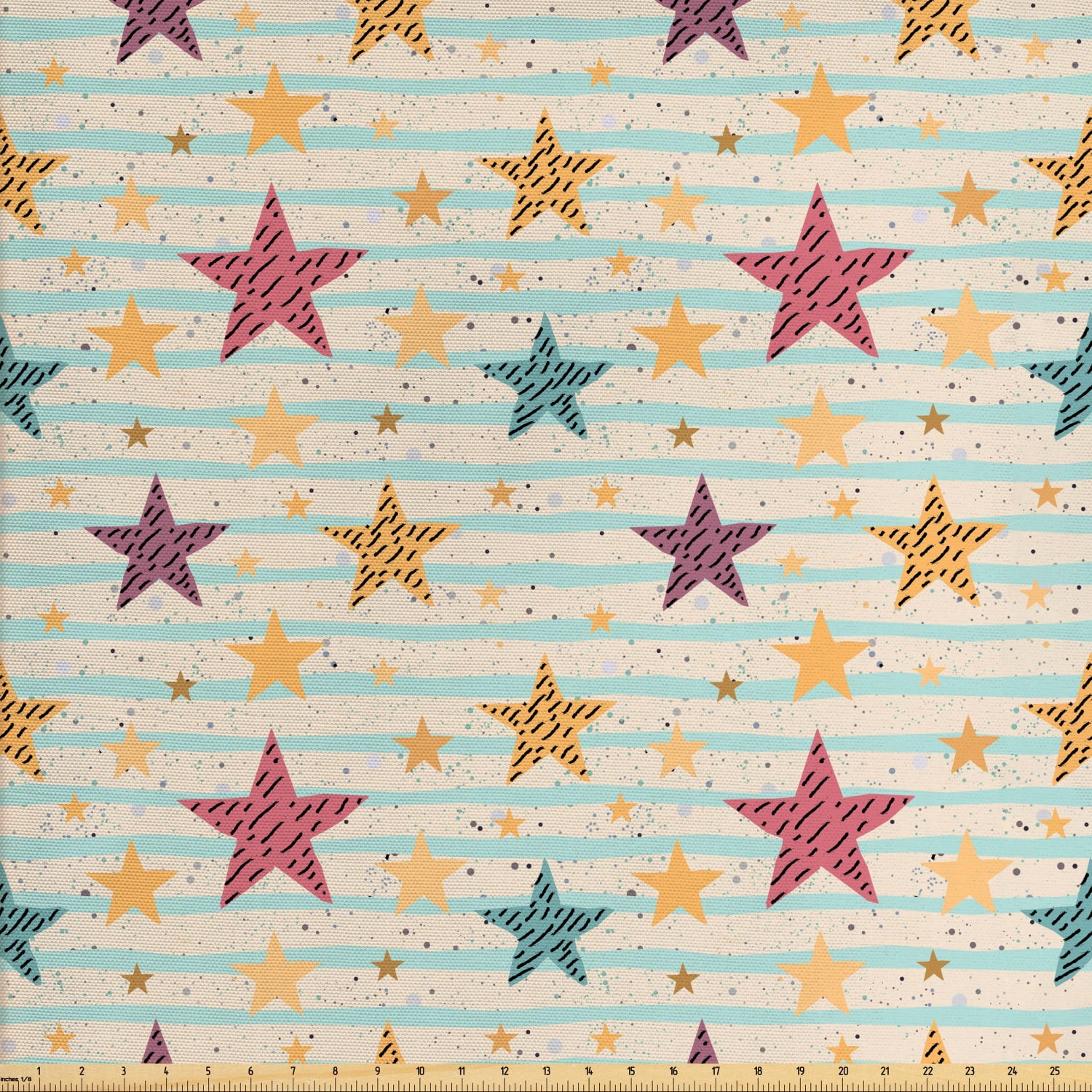 Stars Fabric by The Yard, Hand Drawn Stars with Dotted Pastel Stripes