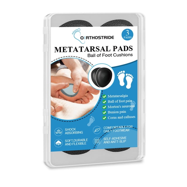 Orthostride Metatarsal Pads for Men, Ball of Foot Cushions for Pain Relief, Comfortable Forefoot Support for Metatarsalgia and Morton's Neuroma, 1/3 Inch Thick Self-Adhesive Foot Pads, 3 Pairs L