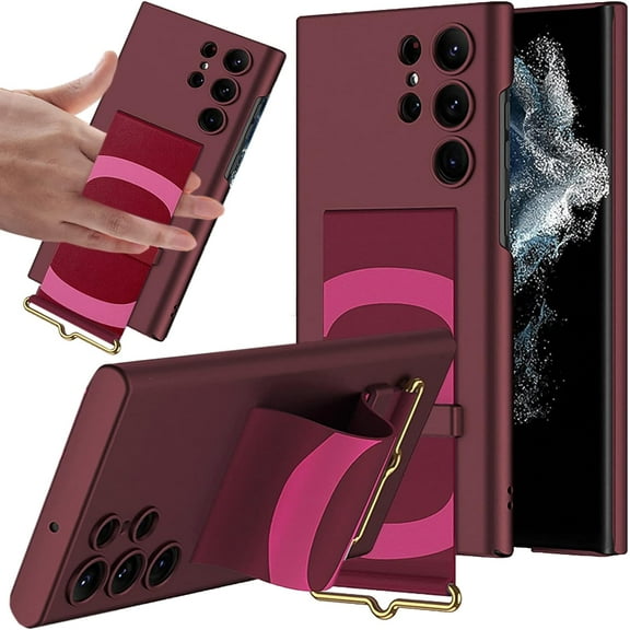 Compatible Samsung Galaxy S24 Ultra Stand Case with Strap 2024,Protective PU Leather Wrist Strap Cover Thin Phone Case for Samsung Galaxy S24 Ultra 5G Case,Samsung S24 Ultra Case Women Wine Red