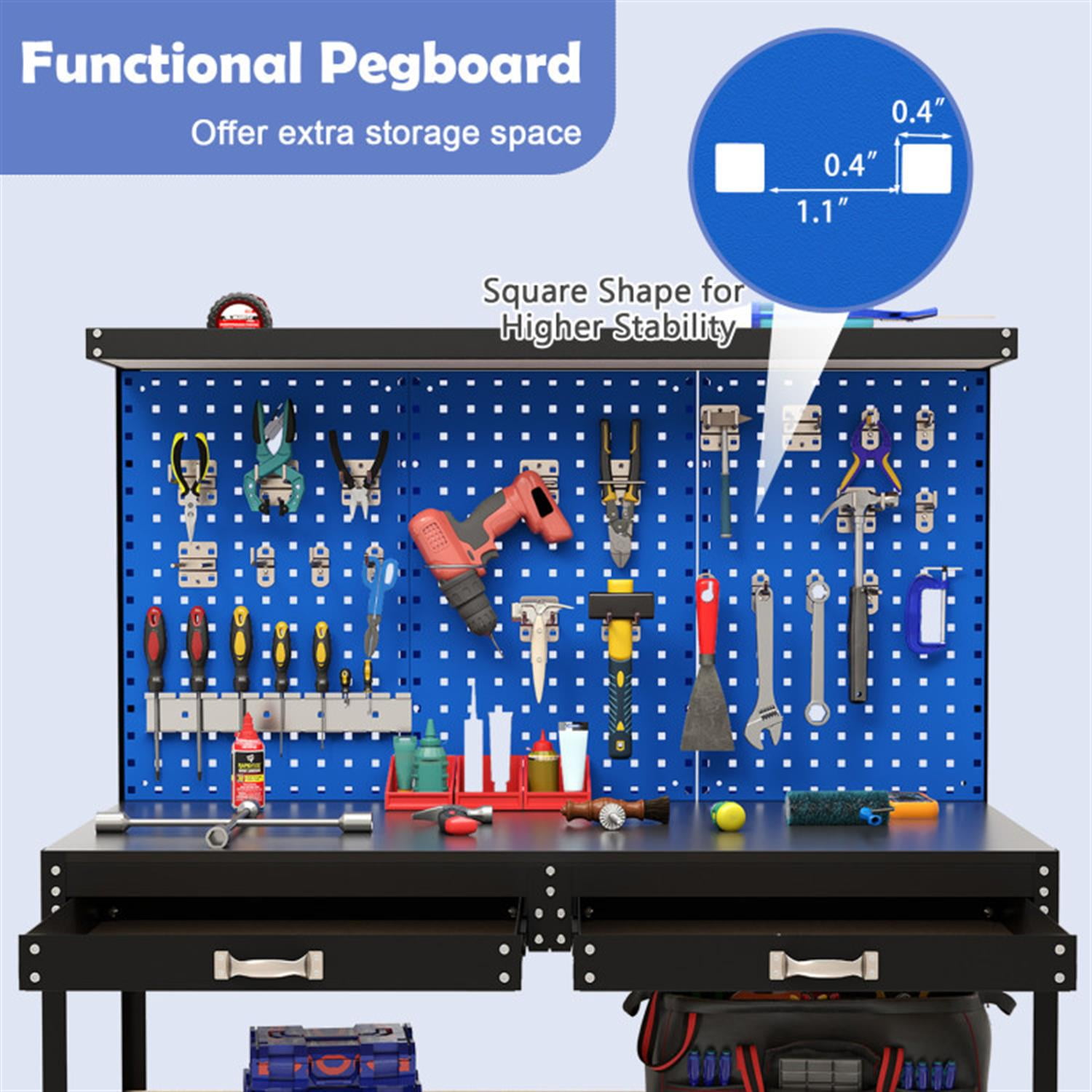 Demi Bonn 48" x 24" Workbench Work Table with 2 PCs Pegboard Drawer and Shelves, 4-Tier Heavy Duty Metal Tool Storage Bench for Garage, Workshop, Blue