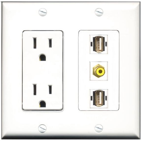 RiteAV - 15 Amp Power Outlet 1 Port RCA Yellow 2 Port USB A-A Decorative Wall Plate