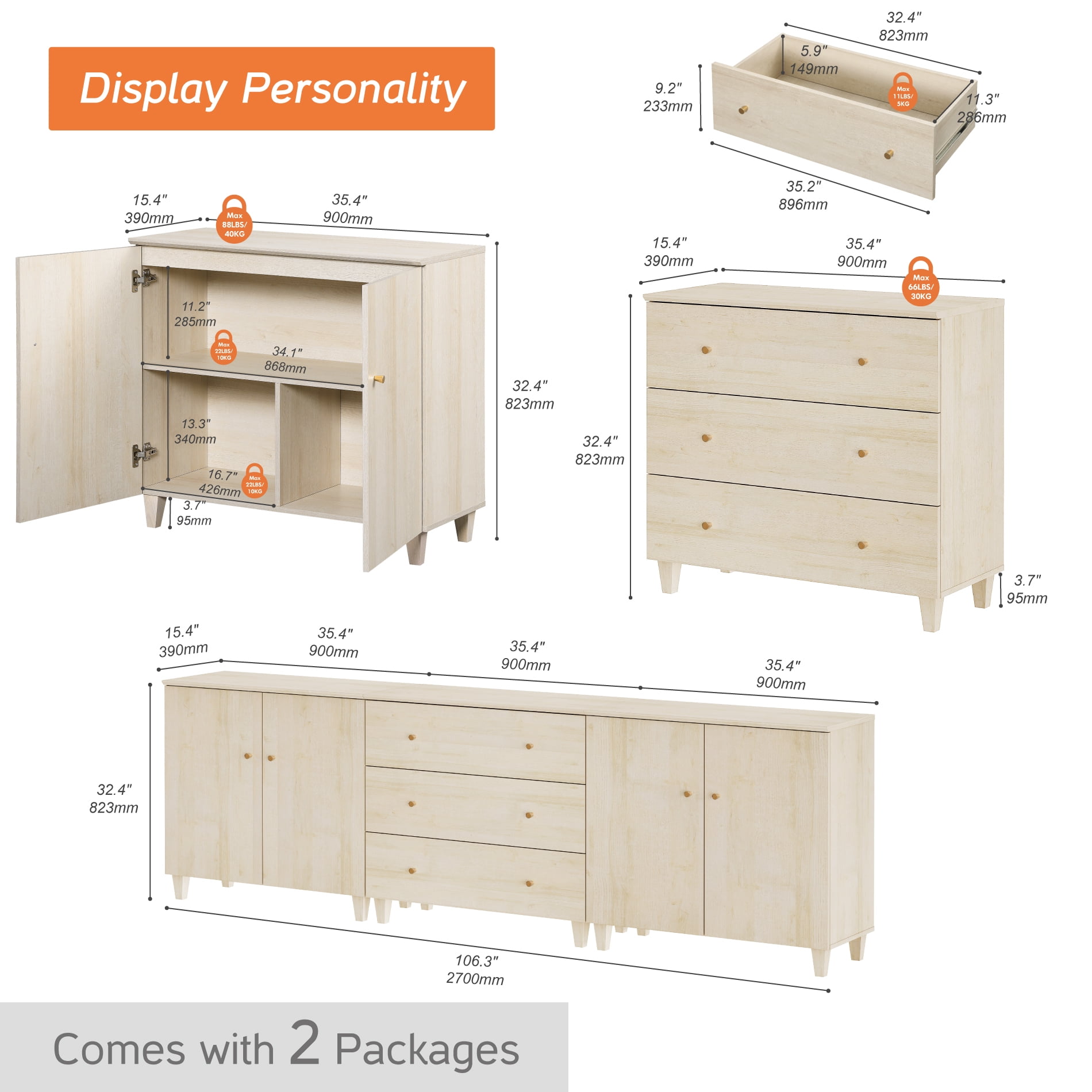WAMPAT Wood Dresser with 3 Drawers and 2 Cabinets for Bedroom, Modern Chest of Drawer, 106" Wide, Light Oak Wood Finish