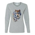 thumbnail image 2 of Wolf Oil Painting Animal Lover Womens Graphic Long Sleeve T-Shirt, Heather Grey, Small, 2 of 3