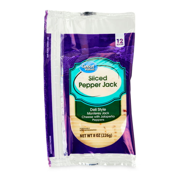 Great Value Deli Style Sliced Pepper Jack Cheese, 8 oz, 12 Slices (Resealable Plastic Packaging)