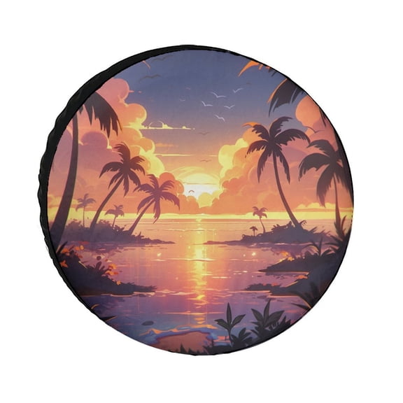 Spare Tire Cover Golden Sunset on The Beach Sea Ocean Wheel Protectors Tyre Covers Weatherproof Wheel Covers Summer Beach Hawaii Coconut Palm Tree Tire Cover for Camper Travel Trailer SUV Truck12in
