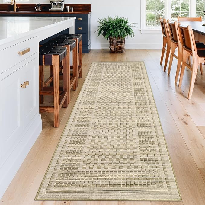 Washable Kitchen Runner Rug 2x8, Beige Runners for Hallway, Non Slip Boho Soft Bathroom Stain Resistant Throw Mat Bordered Carpet Runner for Laundry Entryway Bedroom 2'x8' Beige