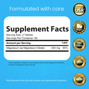 Magnesium Citrate 400 mg - 120 tablets Elemental Magnesium Supports Function of muscles, bones, heart Non-GMO per serving