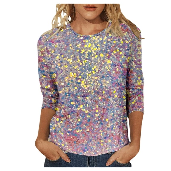 Arlun Womens 3/4 Sleeve Mardi Gras Tops Fashion Round Neck Sparkly Sequin Printed T-Shrits Lightweight Soft Comfortable Carnival Party Fashion Outfits Casual Blouse 12-Light Purple XL