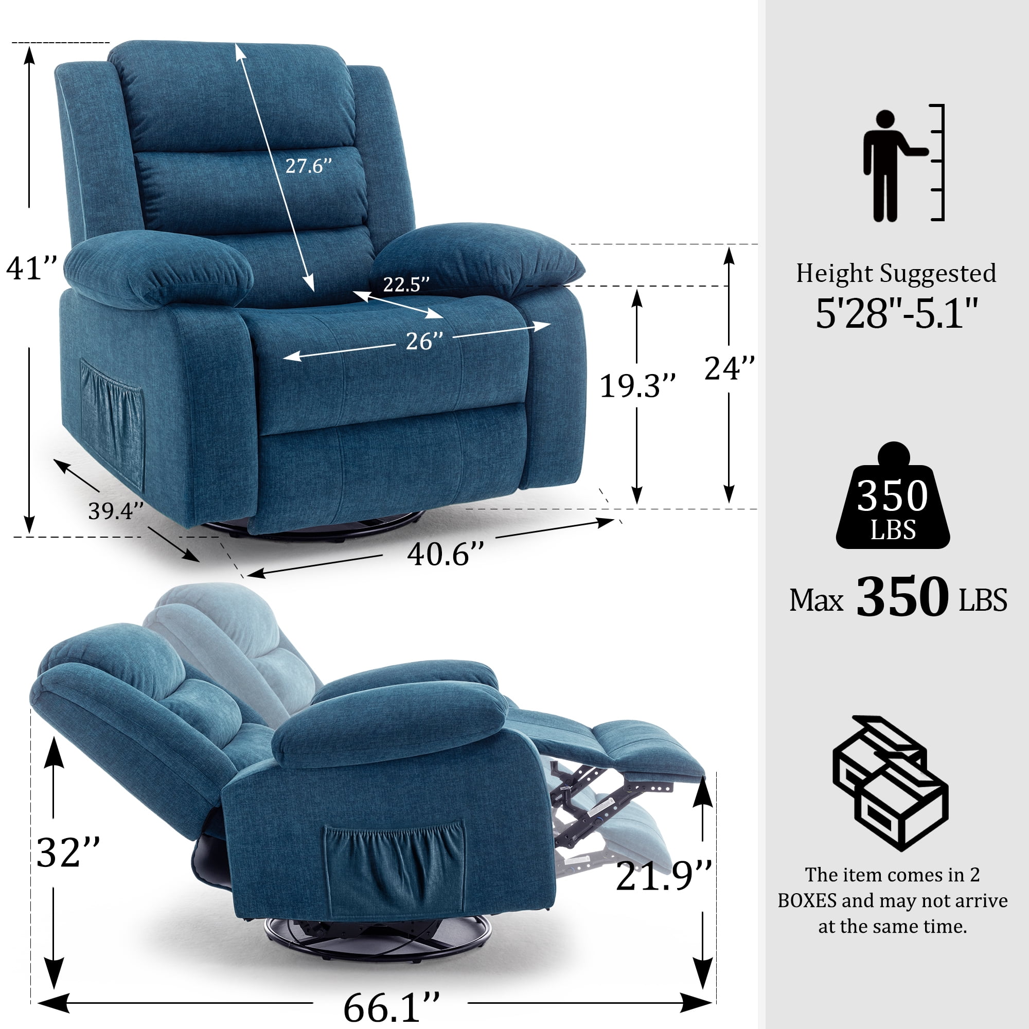 Korser Oversized Swivel Rocker Recliner Chair for Adults 40.6'' Wide for Nursery Living Room,Blue