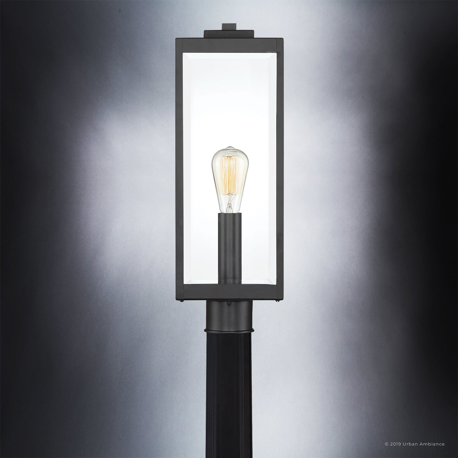 Luxury Modern Farmhouse Outdoor Post Light, 20.50''H x 7.00''W, with Industrial Style Elements, Minimalist Design, Natural Black Finish and Clear Glass Panel With Beveled Edge, UQL1333