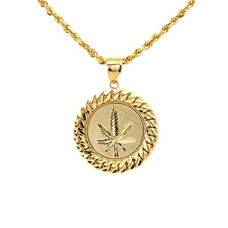 077 Kovacs Pendant - LoveBling 10k Yellow Gold Marijuana Leaf Medallion with Cuban Link Border Charm Pendant (1.72