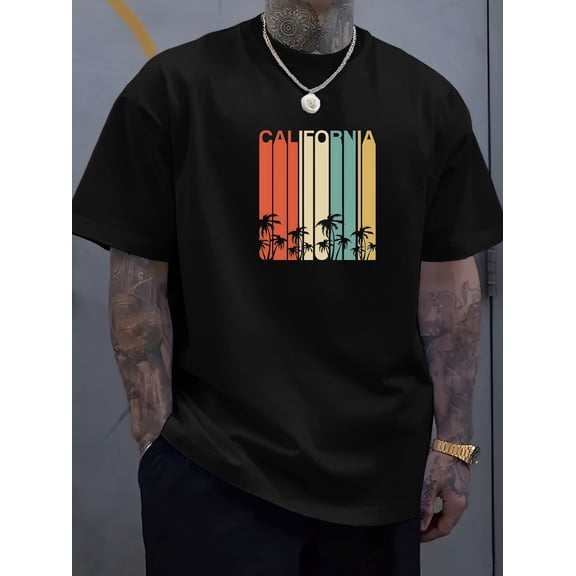 California Palm Tree Graphic Print T-Shirt for Men - Polyester, Casual Crew Neck Tee with Slight Stretch, Rib-Knit Detail, Regular Fit - Summer Knit Fabric Short Sleeve Shirt