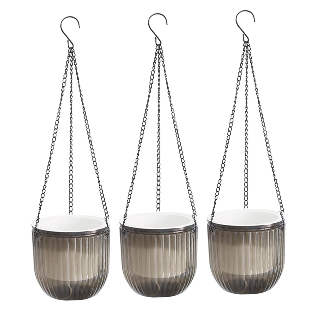 OUNONA Set of 3 Grey Resin Hanging Flower Pots with Self Watering for Balcony and Garden Decoration