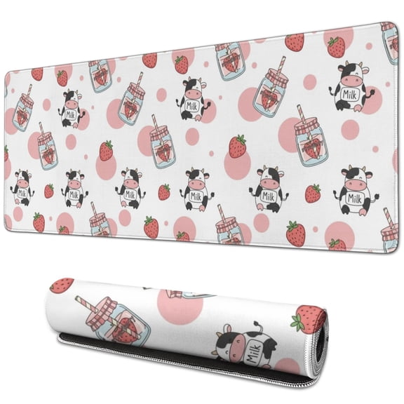 Long Mouse Pads for Desk,Pink Cow Strawberry Jar Pattern Desk Mats on Top Of Desks, Desk Mouse Pad Extra Large with 3mm Non-Slip Base and Stitched Edge for Gaming,Office,Work,Home 31.5"x11.8"