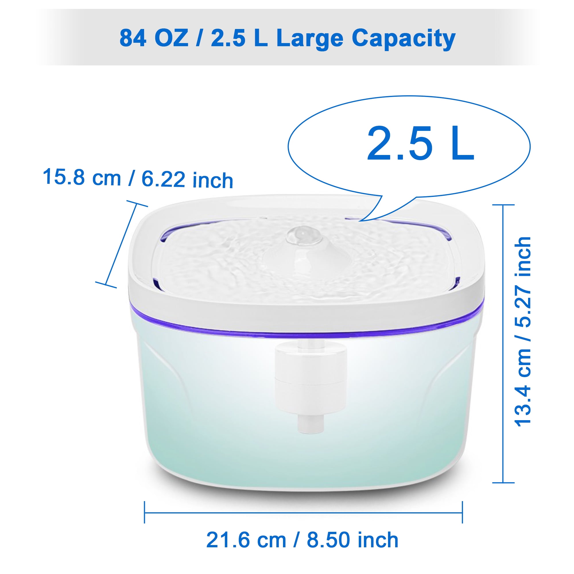 Ultra Quiet Cat Water Fountain, 84oz/2.5L Large Capacity, 2 Replacement Filters Water Dispenser, 3 Flow Design, Multiple Pets