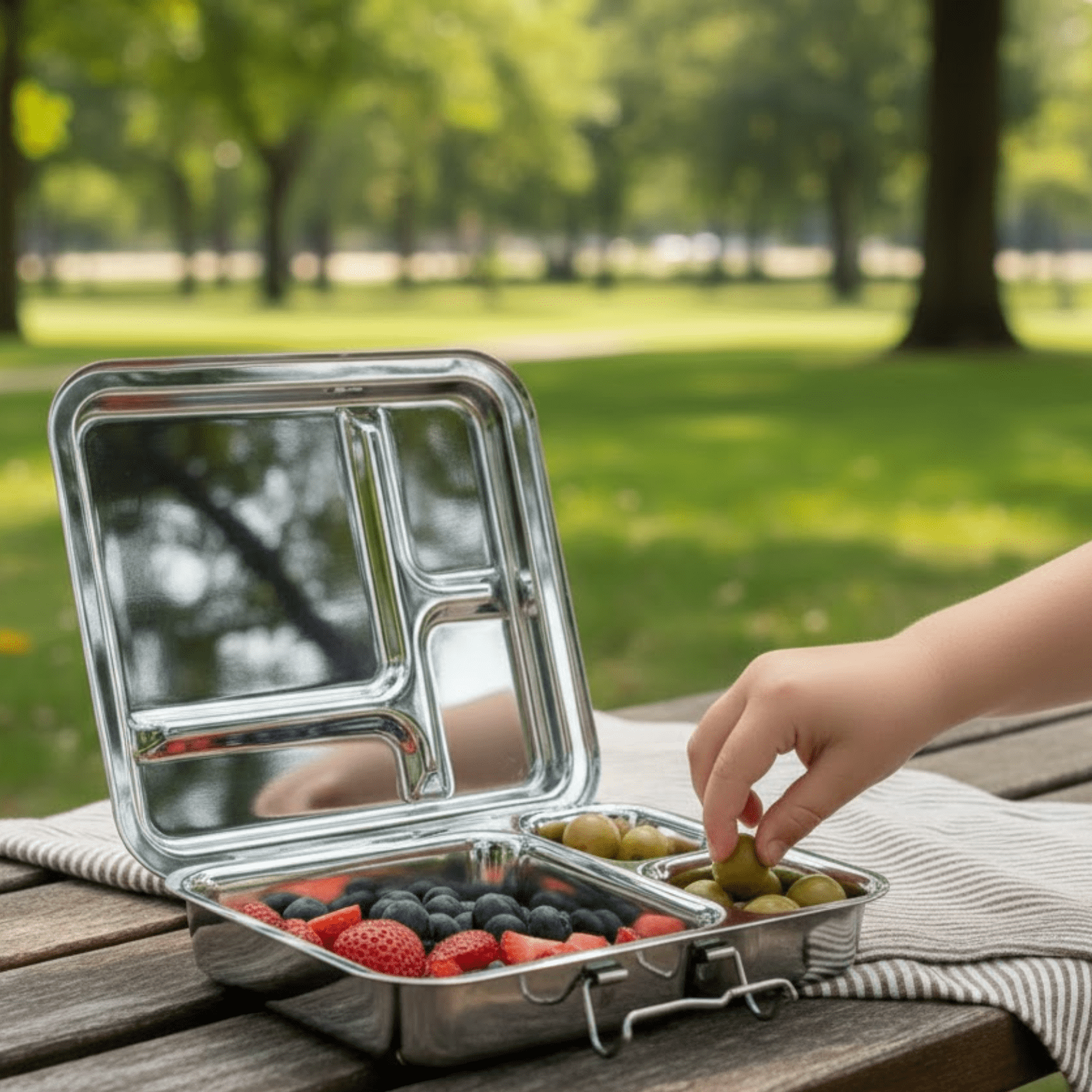 Mayur Exports Stainless Steel Bento Lunch Box for Adult - 4 Compartments Metal Bento Box Dishwasher Safe,Meal Prep Food Container for Travel Office