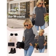 SHIBEVER Women's Long Sleeve Tops Round Neck T-Shirts for Women Fall Fashion Leopard Print Tops Casual Workout Loose Tunics Tops Gray Black Blouses Size L