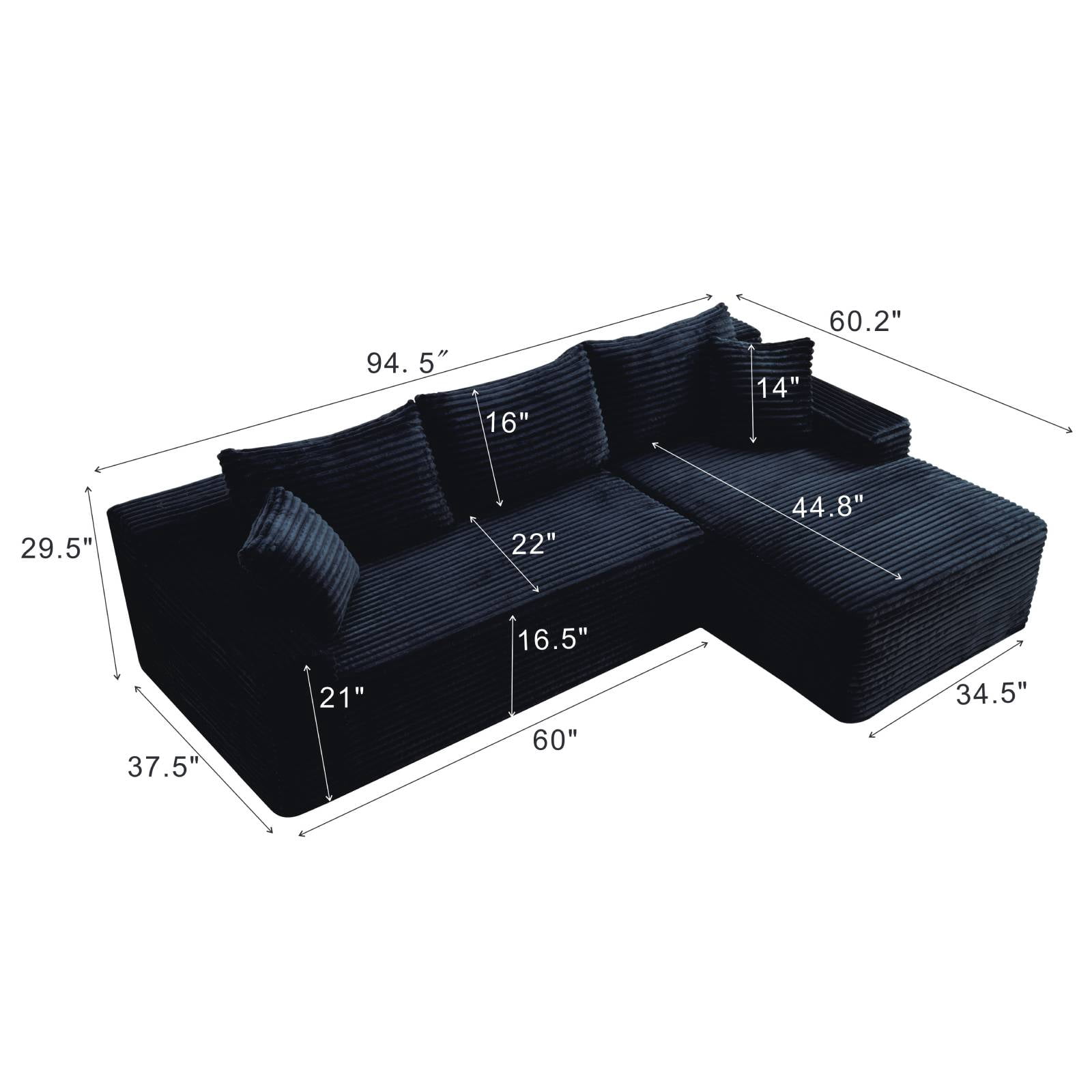 L-Shape Cloud Couch Modular Sectional Sofa Corduroy Boneless Sofa Couch with Chaise, No Assembly Sofa for Living Room, Black