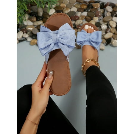 

Women‘s Black Bow Decor Slippers Round Toe Trendy Flip Flops