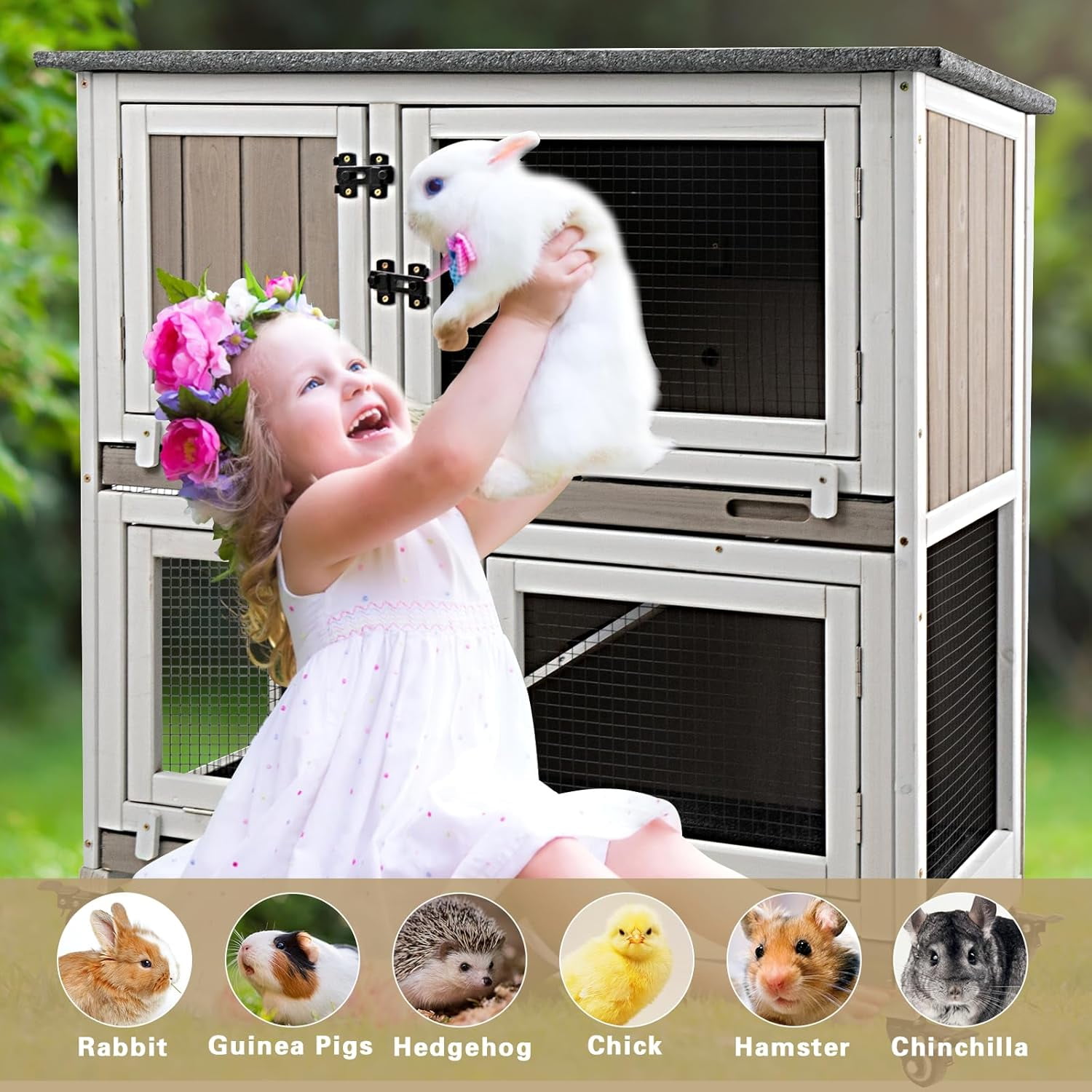 36 Inch Indoor Rabbit Hutch with 4 Lockable Wheels, 2-Story Wooden Bunny Cage Outdoor, 2 Deep Pull Out Trays, Ramp, Guinea Pig House for Small Pets, White