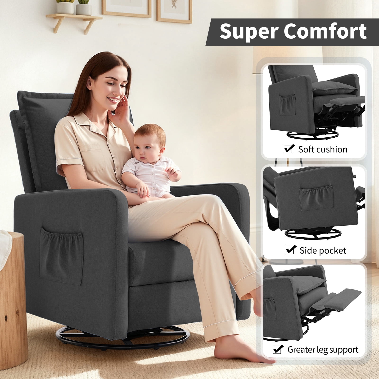 Techmilly Upholstered Glider Recliner Rocking Chair and Nursery Recliner for Nursery and Living Room, Bedroom, Linen Dark Gray