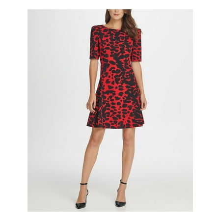 DKNY Womens Red Zippered Animal Print Short Sleeve Jewel Neck Above The Knee Fit + Flare Dress 12