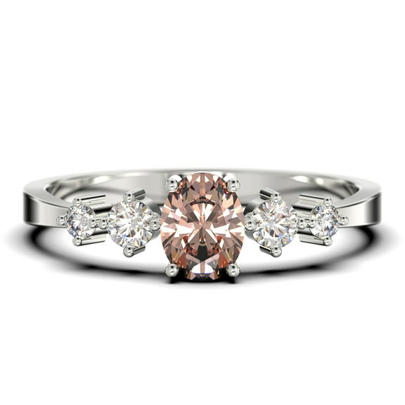 Minimalist Classic 0.65 Carat Oval Cut Morganite And Diamond Moissanite Engagement Ring, Wedding Ring In 925 Sterling Silver With 18K White Gold Plating, Gift, Promise Ring, Anniversary Ring
