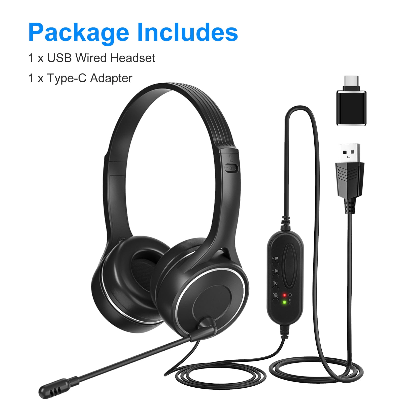Lingsida USB Headset with Noise Cancelling Microphone Volume Mic Mute for PC Laptop Skype Office Home Walmart
