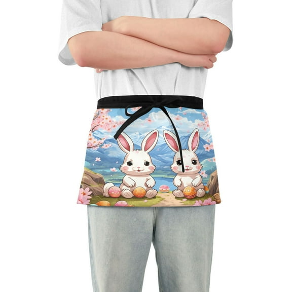 Easter Egg and Cute Rabbit Server Apron with 3 Pockets Waterproof Waitress Waist Short Apron for Man Woman 12 Inches