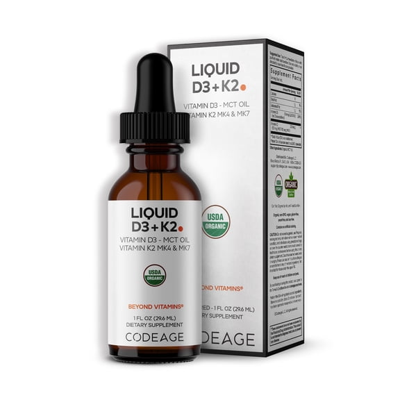 Codeage Liquid D3 K2 Vitamins USDA Organic - Vitamin D3 2000 IU, Vitamin K2 (MK4 & MK7) Liquid Drops - Immune Support - Unflavored - Organic MCT Oil - Non-GMO - 1 fl oz