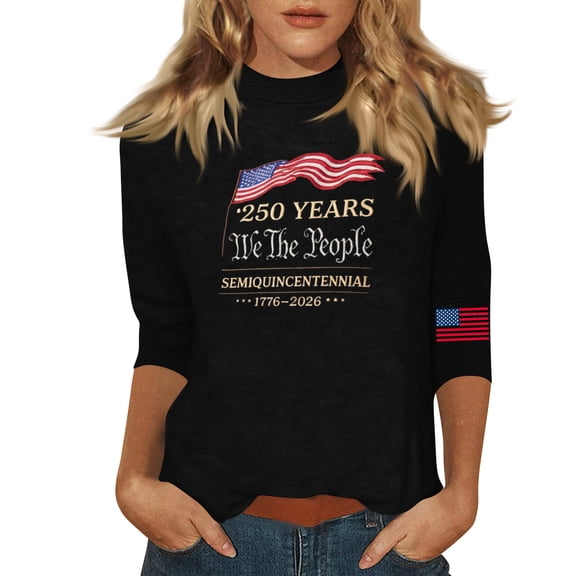 Womens Patriotic Shirts,3/4 Sleeve Shirts for Women,Womens T Shirts,250th Anniversary USA Shirt Women America Shirt 3/4 Sleeve Patriotic Flag Print Tops 1776-2026 Tshirt Gifts,Black,Large