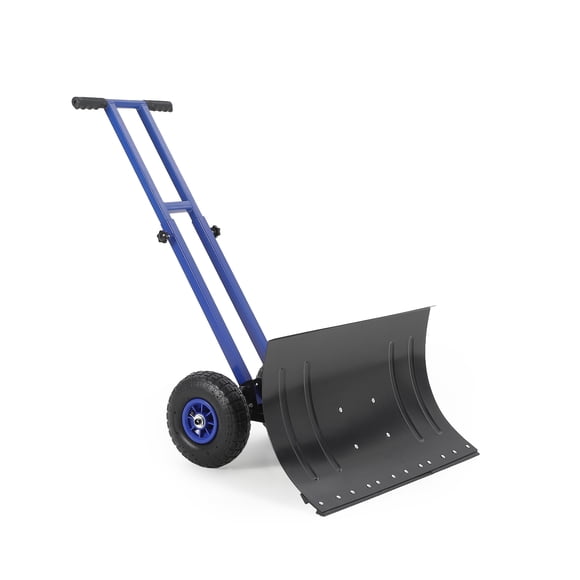 Rolling Snow Shovel with Wheels – Heavy Duty 29x16.5" Metal Blade – Adjustable Angle & Height Handle – Driveway, Sidewalk & Pavement – Black Blade + Blue Handle & Hubs, Spec: 42