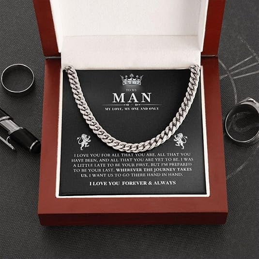 To My Man Birthday Gift Ideas Cuban Link Chain Necklace with Message Card and LED Box Love You Gifts For Him, Husband Sentimental Gifts From Wife