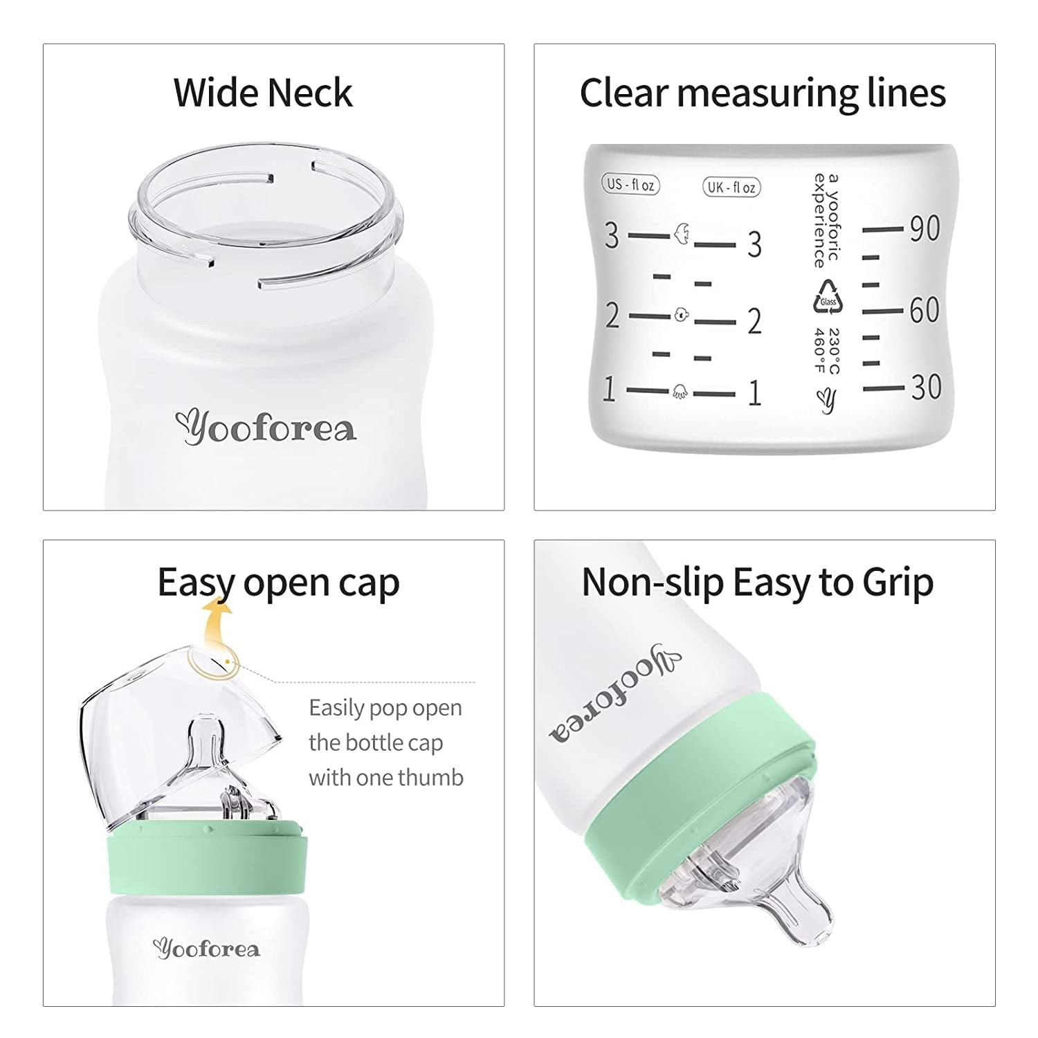 Yooforea Silicone Coated Glass Baby Bottle, 0M+ Slow Flow Nipple I Anti-Colic, Wide Neck, Stable Base I Medical-Grade Silicone Coating for Shatter Protection, BPA BPS PVC Free (2 Pack, 3 Ounce-Tea)