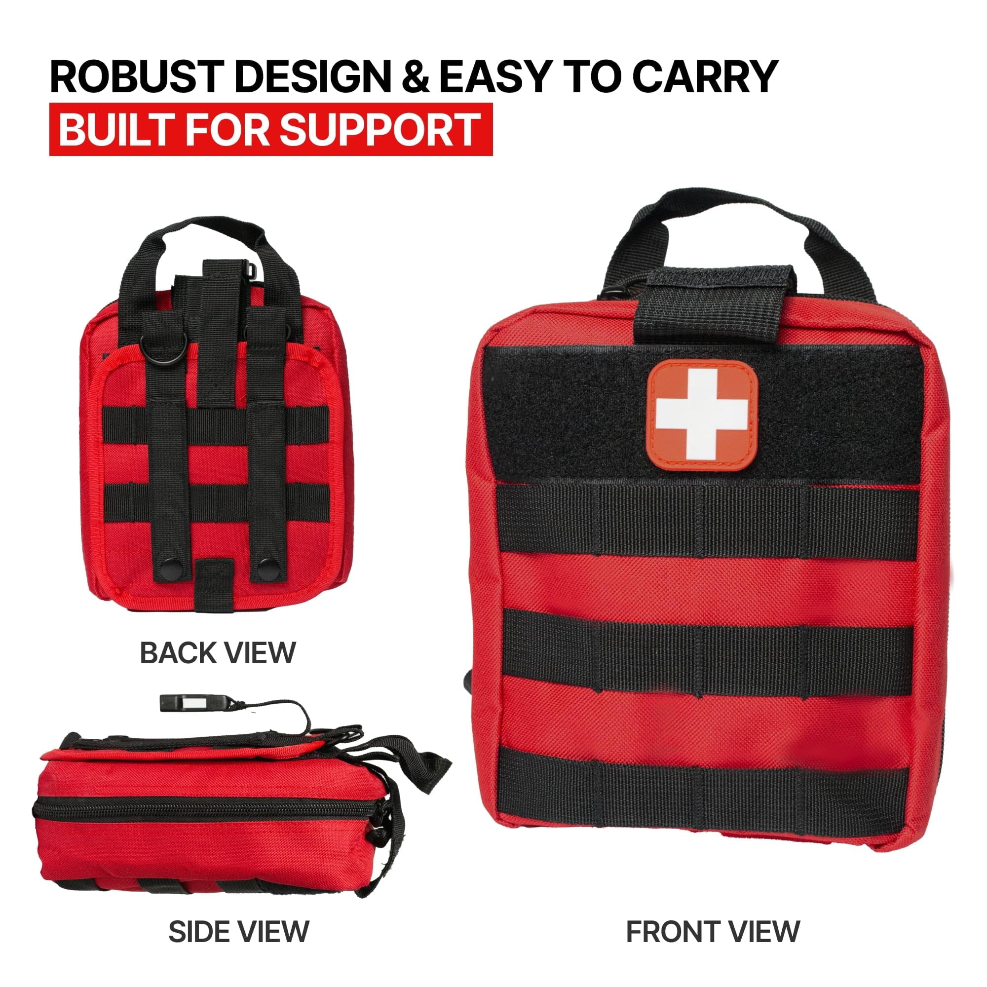Universal Emergency First Aid Kit - Comprehensive 100+ Piece Medical Supplies with Portable Molle Pouch for Travel, Camping, and Outdoor Survival, Red