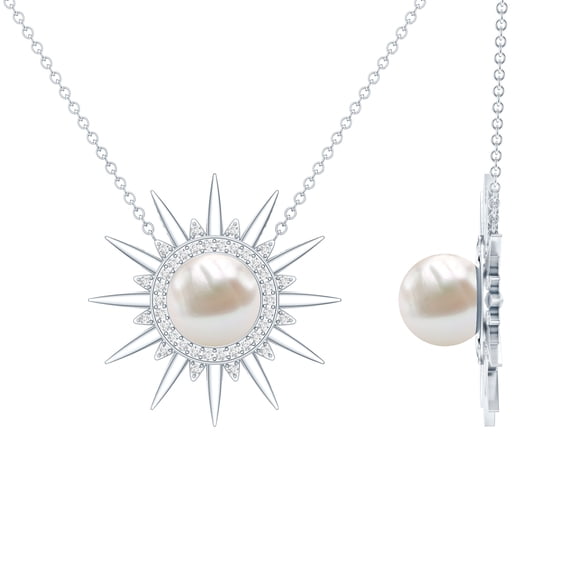 Rosec Jewels Freshwater Pearl Sunburst Necklace with Diamond - Statement Necklace - 8mm - AAA Quality - with Jewelry Box, 925 Sterling Silver
