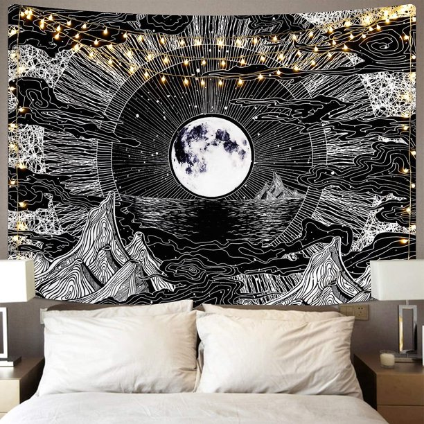 Tapiz de luna y estrella, tapices de nubes, tapiz negro, tapiz psicodélico de montaña para habitación