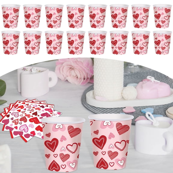 XIPYYKM 16 Pcs Valentine’s Day Heart Paper Cups – 9 oz Red and Pink Love Heart Design Disposable Cups for Hot and Cold Drinks, Desserts, for Valentine’s Parties, Weddings, and Romantic Dinners