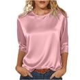 thumbnail image 3 of VBVC Women's Crew Neck 3/4 Sleeve Satin Blouse , Ladies' Glossy Silky Dressy Top , Elegant Office Casual Shirt For Women,Pink,S-2XL, 3 of 9