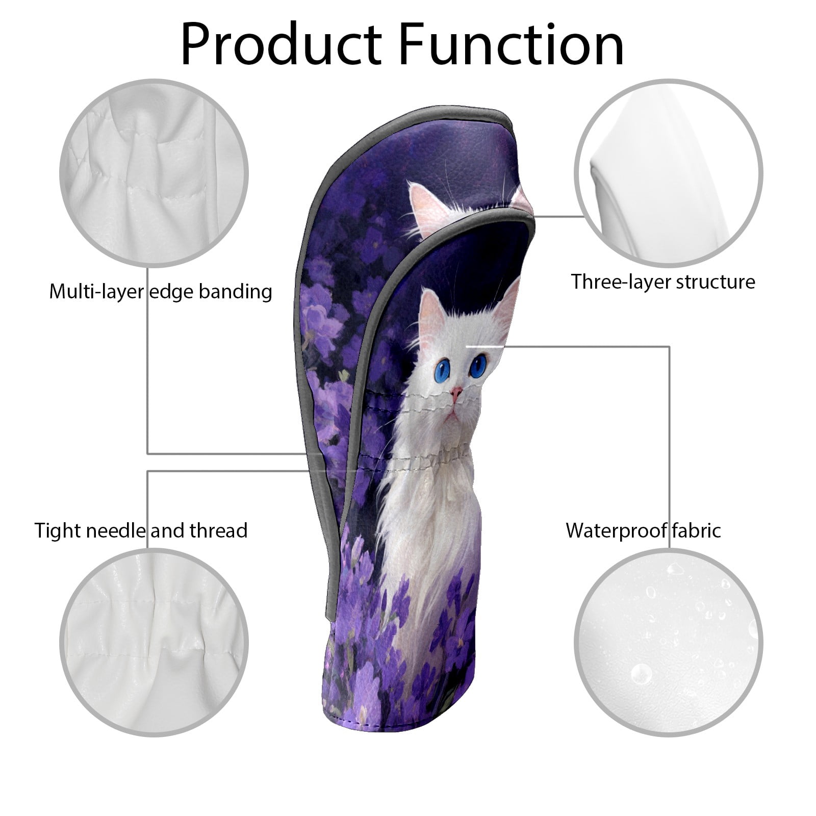 Golf Head Covers Purple Cat Design for Driver, Wood & Hybrid, Premium Waterproof PU Leather with Plush Lining, Mystical Animal Golf Gifts