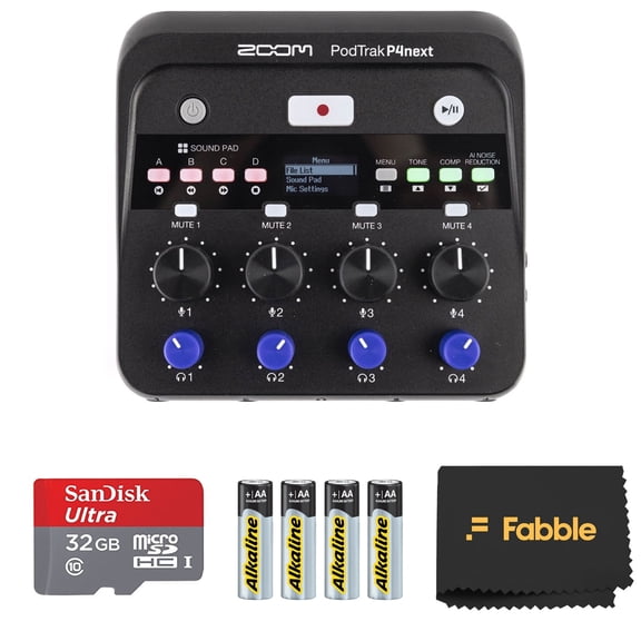 Zoom PodTrak P4next Portable Multitrack Podcast Recorder Bundle includes a 32 GB microSDHC memory card with adapter and 4 AA batteries, perfect for recording podcasts anywhere with ease.