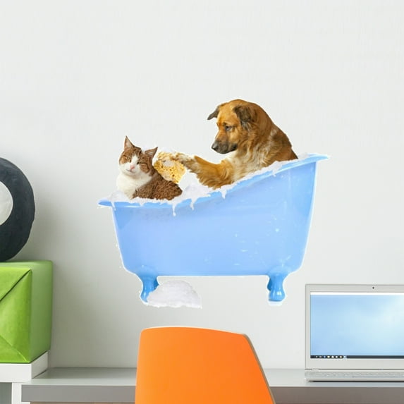 Cat Wash Dog and Wall Decal by Wallmonkeys Peel and Stick Graphic (18 in W x 16 in H) WM299289