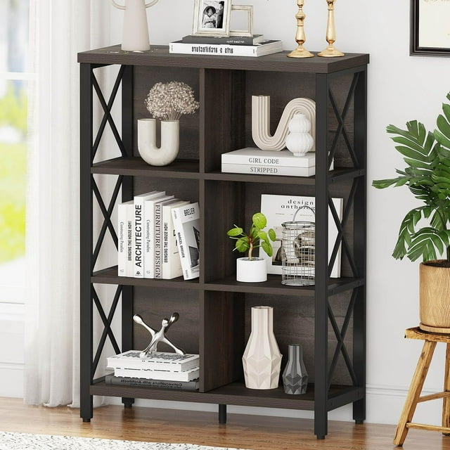 Cube Storage Organizer Shelf Wood and Metal Cubby Bookcase Industrial Tier Cube Bookshelf (Rustic Oak)