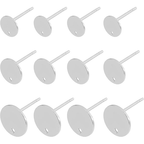 60pcs 8/10/12mm Flat Round Earring Posts Hypo-allergenic Stud Earrings Stainless Steel Earring with Loop Earring Component for DIY Jewellery Making Stainless Steel Color