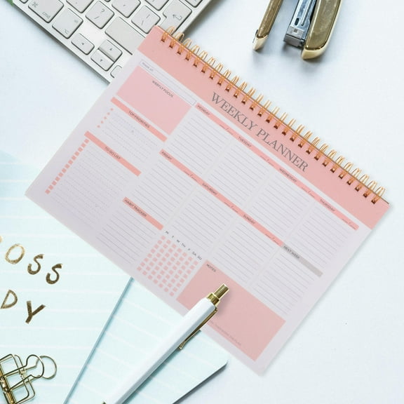 ROMANSENTIAL 1Set Pink Rectangular Spiral Binding Weekly Planner Notebook for Office Home School Personal Use 9.8X7.2X0.6In