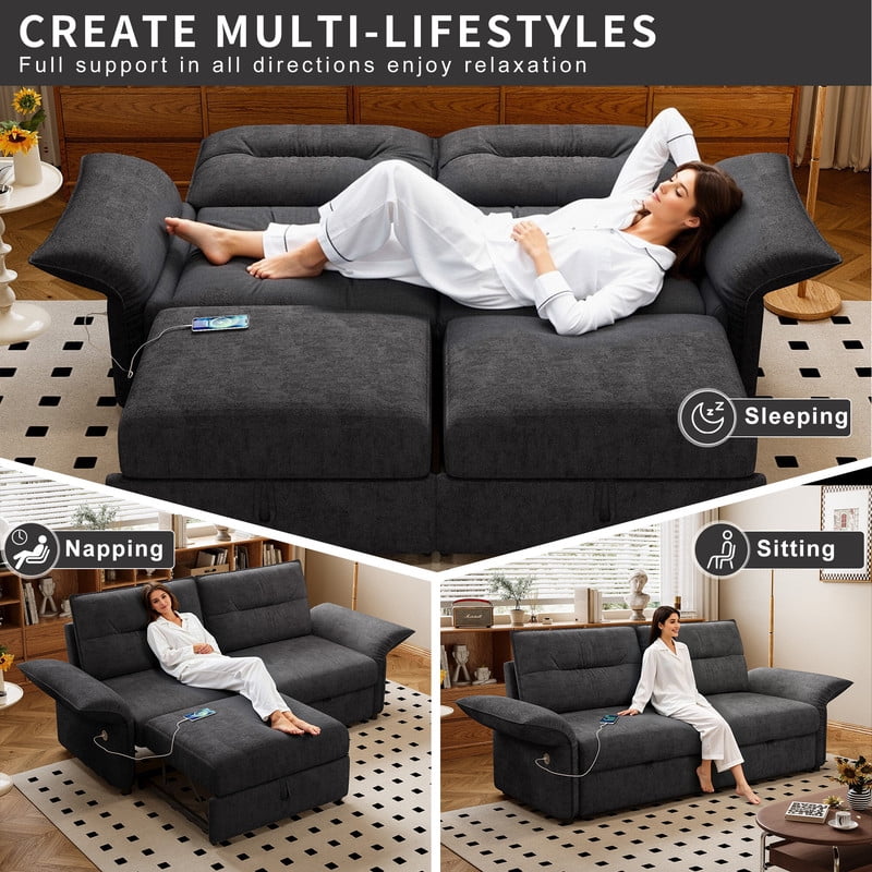 85" Convertible Sofa Bed, 2-in-1 Sleeper Sofa with Plush Fabric, Full-Size Pull-Out Couch with USB Charging Ports, Solid Wood Frame, High-Resilience Foam for Living Room & Small Space