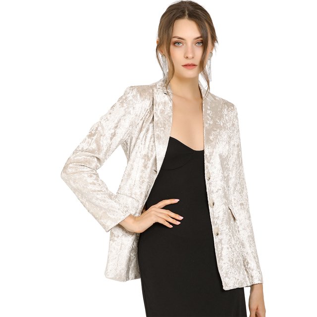Chaqueta De Trabajo Sola Botonadura Texturizado Brillante Cuello De Solapa Con Muesca Para Mujer Blanco Plata XS